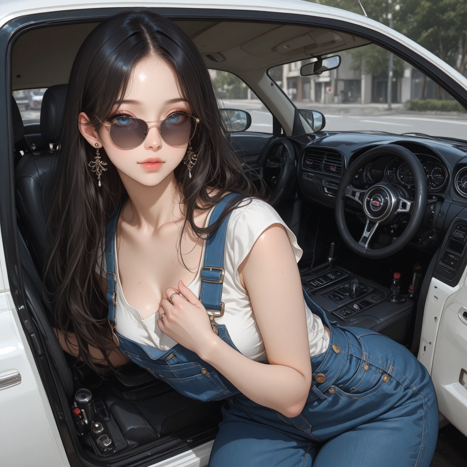PureErosFace_V1、(Serious face:1.3)、8K、Raw foto、(​masterpiece)、(top-quality)、hight resolution、(realisitic、Photorealsitic:1.4)、ultra-detailliert、full bodyesbian、sitted、physically-based renderingt、A detailed face、1girl in、huge tit、shorth hair、Proper、Tidy、Jumpsuit、Denim or cotton、racing car、drivers seat、Holding the steering wheel with one hand、Arm Shu、on a racetrack、2020s\(styles\)