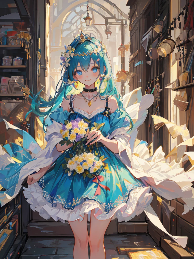 Anime Moe Art Style,highest quality,High resolution,Anatomically correct,One Girl,Mid-teens,A girl with light blue hair in a ponytail,Super detailed,Fantasy World,Sleeveless blouse,flare skirt,Big Breasts,A rich expression,A big smile,Flower shop front,Looking at the flowers,Eyes drawn in detail,hair ornaments,necklace,bracelet,ring,8K