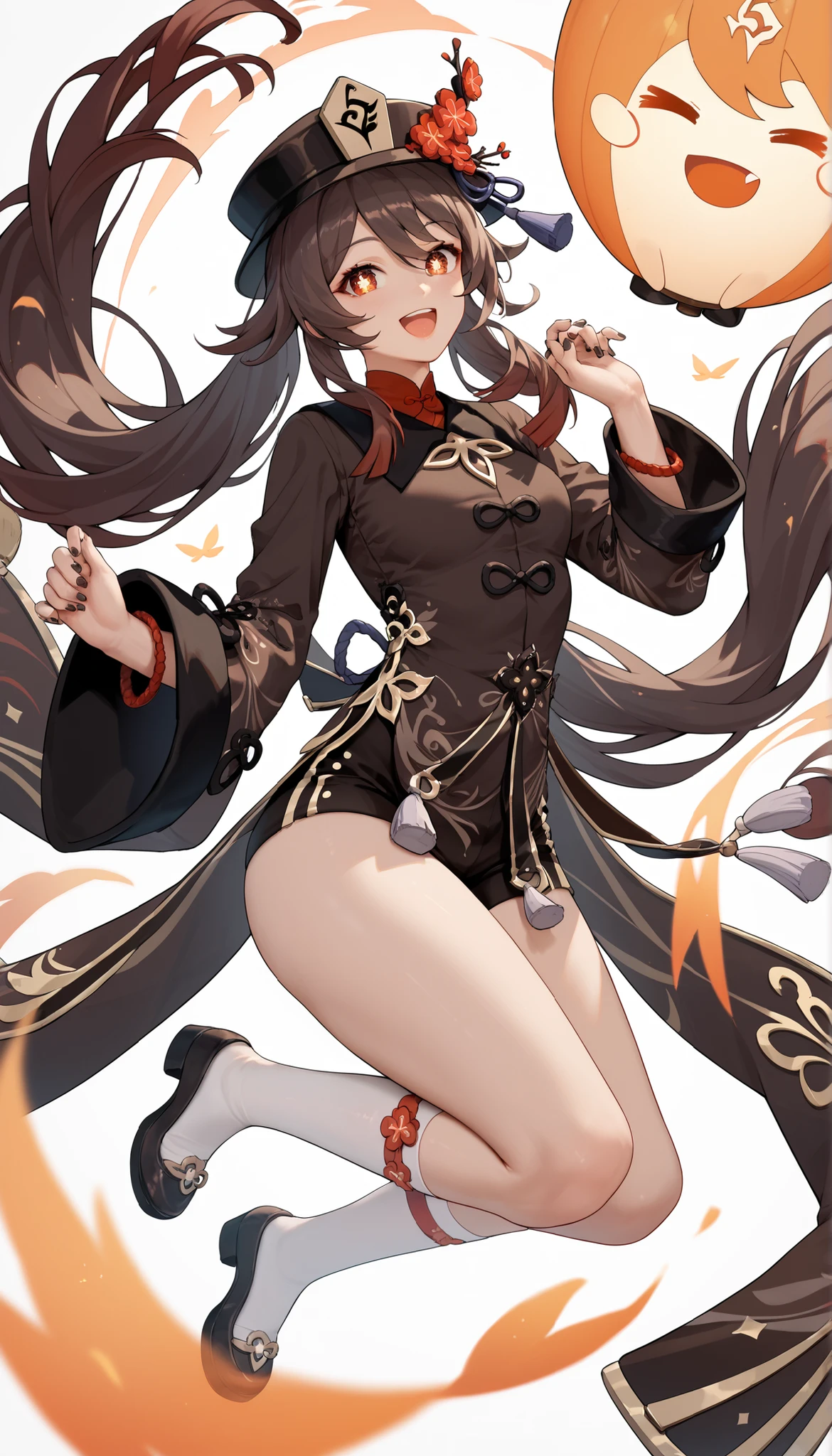 High detail, perfect body, hu tao (genshin imapact), slim body, big , solo, 1girl, high resolution, uhd, jumping, standing on one leg, one hand up, happy