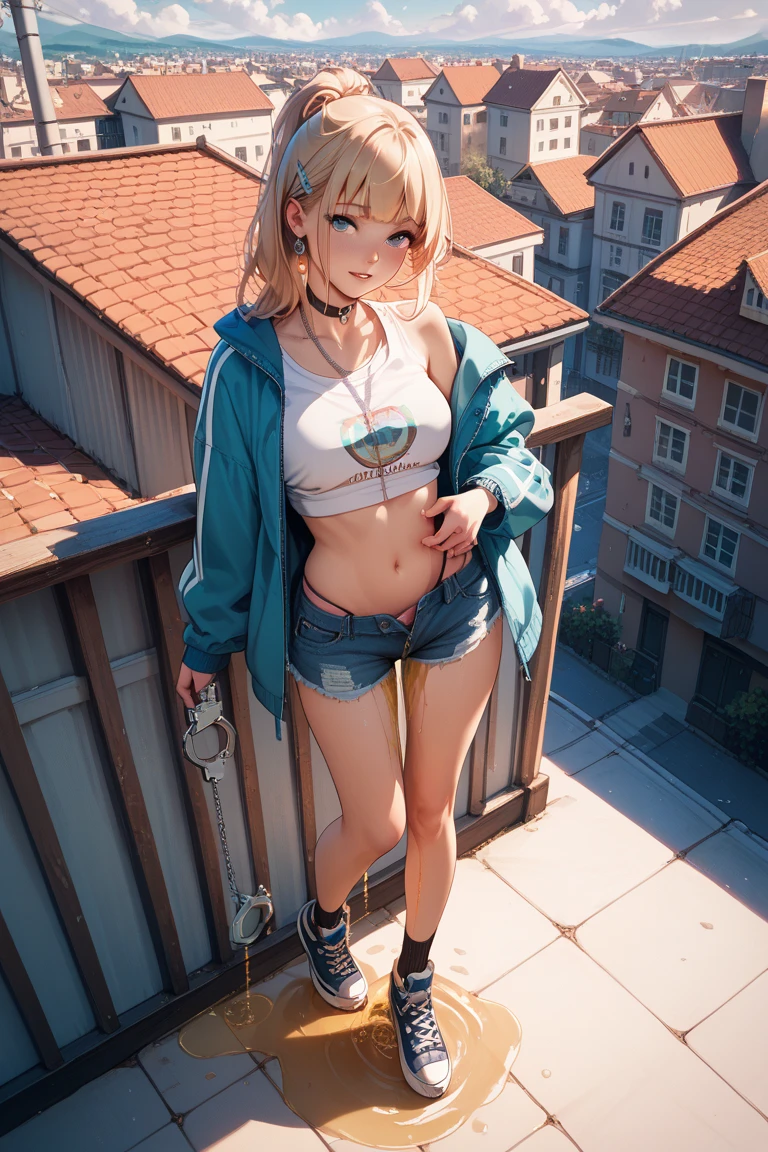 in public, boring, bangs, loli body, 14 year old girl, blonde hair tied in a side ponytail, sensual cleavage, red blouse, small breasts, ass facing the viewer, back to the screen, micro shorts 1.4, Ultra HD, 4k image, glasses, character near the camera, lingerie panties, sexy panties, low waist panties, top view, camera from above