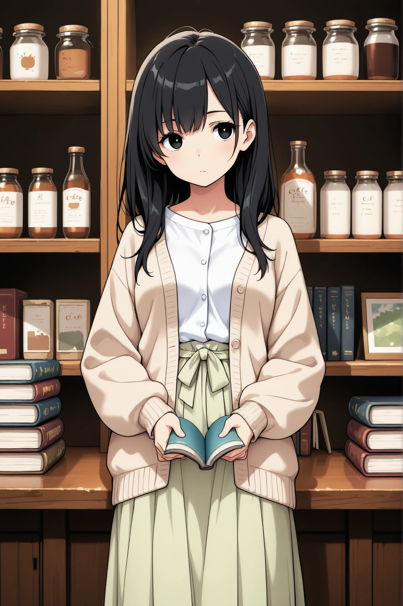 1 woman, 25 years old, black hair, hair falls to the shoulders, white shirt, beige cardigan, light green long skirt, black eyes, book, boredom, cafe terrace