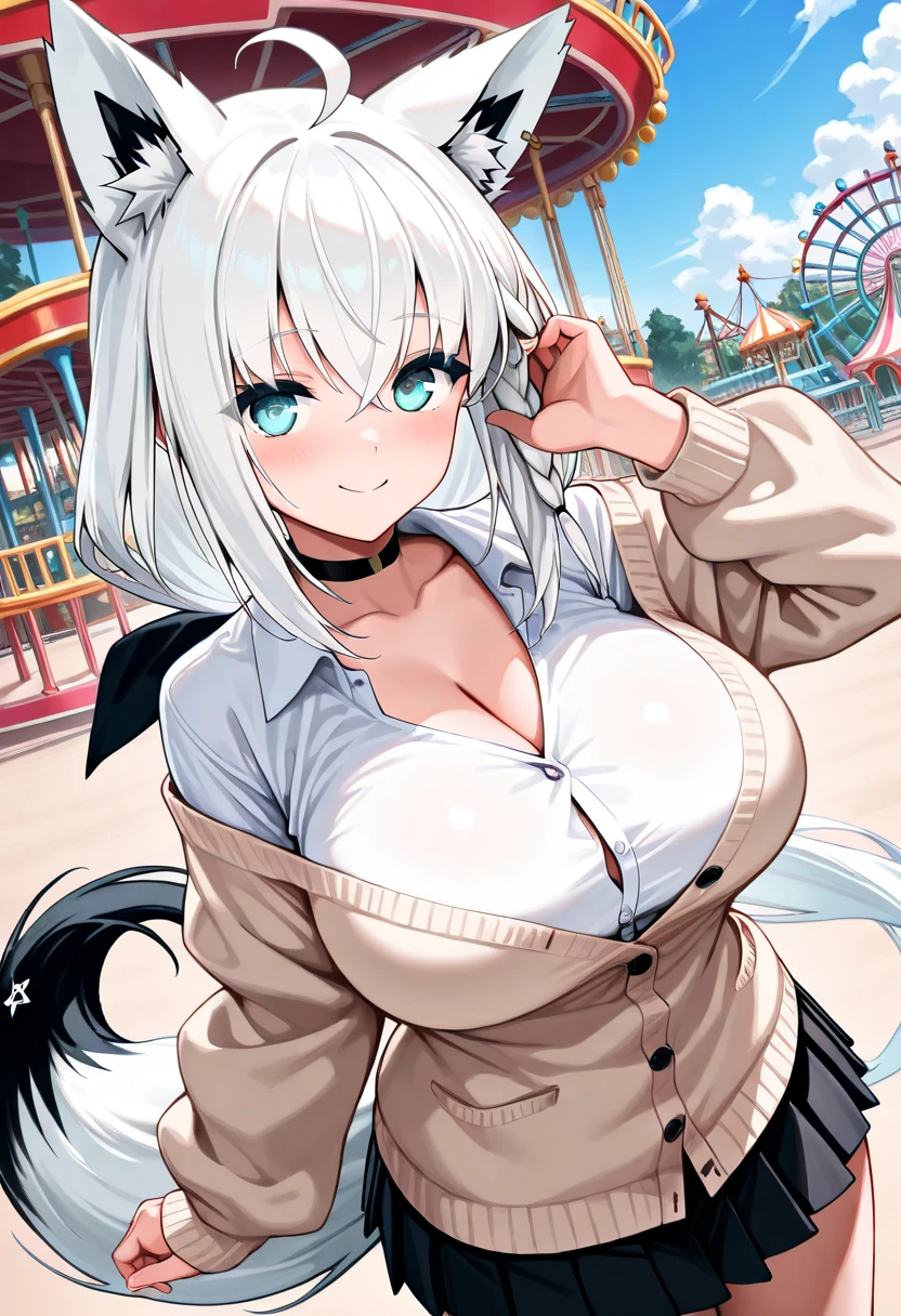 Anime girl, White fox ears, (One) White long fox tail, enormous boobs(bigger), white long hair, curvy, on a battleship wooden deck, navel captain uniform, navel captain pants, purple eyes,