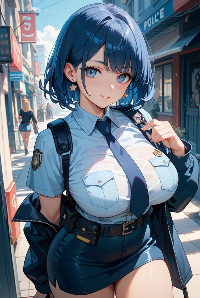 masterpiece, high quality, detailed eyes, 1girl, solo,black medium hair, bobcut, bangs, (large breast1.0), light smile, (muscular:0.5), (police uniform),arm badge, short sleeves, breast pocket, belt, cleavage, Cropped tops, blue short Pencil Skirt, garter strap, black stockings, choker, thigh strap, covered nipple, sexy , black hair ,shirt came off, undone , a police office , indoor , black bra