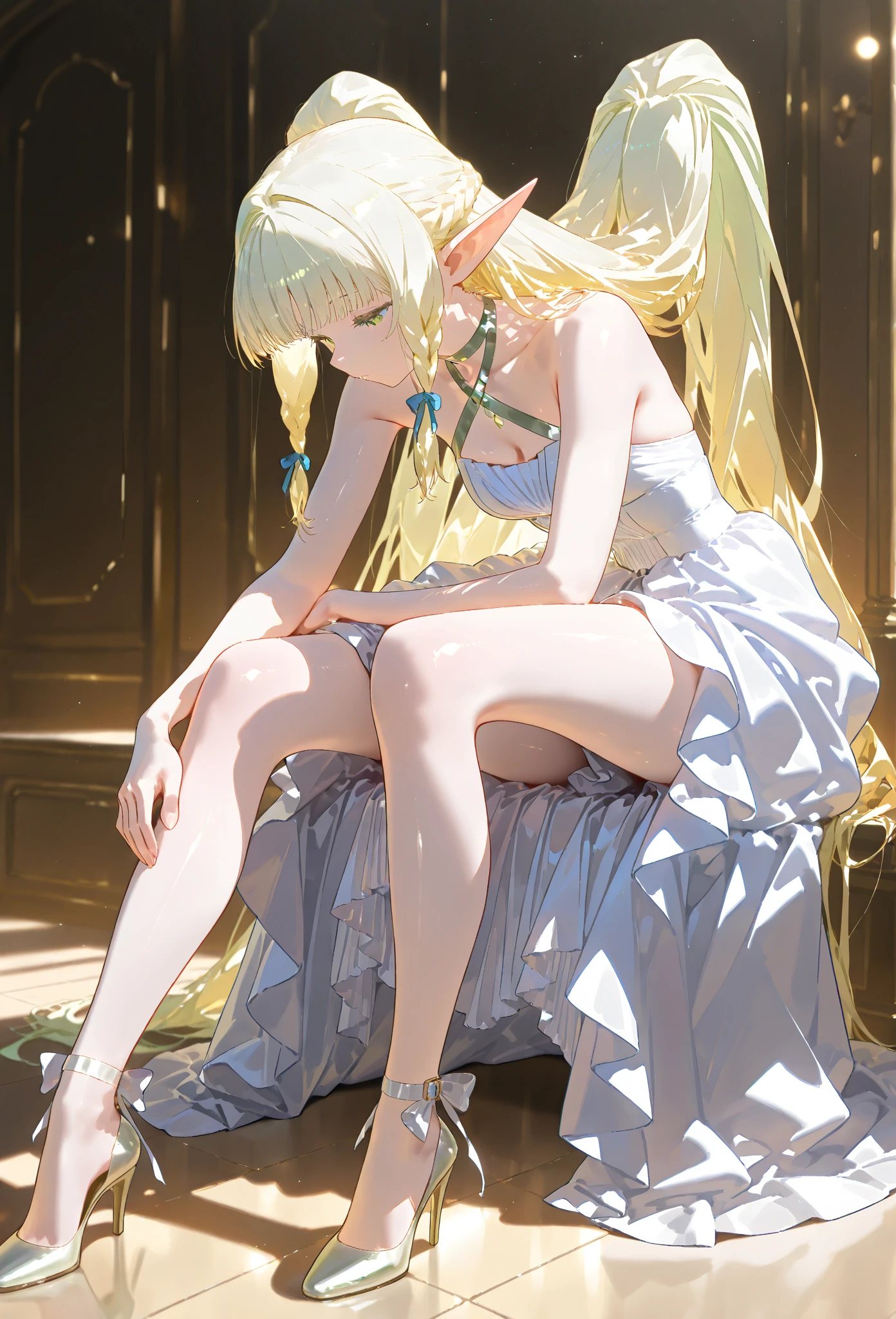 1girl,cage,solo,pointy ears,underwear,panties,thighhighs,looking at viewer,multicolored hair,gradient hair,elf,ass,dress,long hair,birdcage,feet,blonde hair,flower,soles,bangs,pink hair,no shoes,hair ornament,hair flower,white thighhighs,bare shoulders,realistic,sitting,twintails,closed mouth,white panties,toes,lips,low twintails,frills,looking back,full body, <lora:GZC:0.6>, <lora:WHITE AND BLACK STOCKING:0.4>, nice hands, perfect hands,