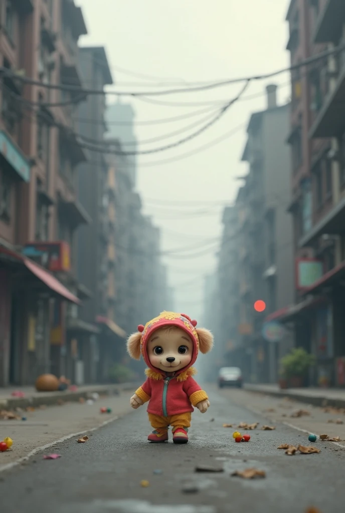 full body shot 8K picture, little  toddler  wearing a big  oversized cute full head  big pastelle pink  cartoon bearcub-mask masquerade with a turqois yellow pink tracksuit on,big belly, fat, in post-apocalyptic rural korea, at an out-of-service gasstation, foggy, smog, dusk, toy tractor, toys, farm equipment,,