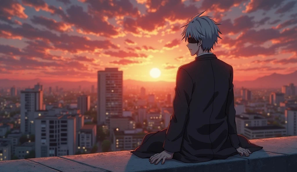 (masterpiece, best_quality:1.2), by konya karasue, 1boy, gojou satoru, solo, male focus, black jacket, black pants, gakuran, high collar, short hair, white hair, closed eyes, smile, backlighting, falling petals, light particles, blue sky, blue theme, cityscape, (upper body), <lora:gojosatoruxl1:1>