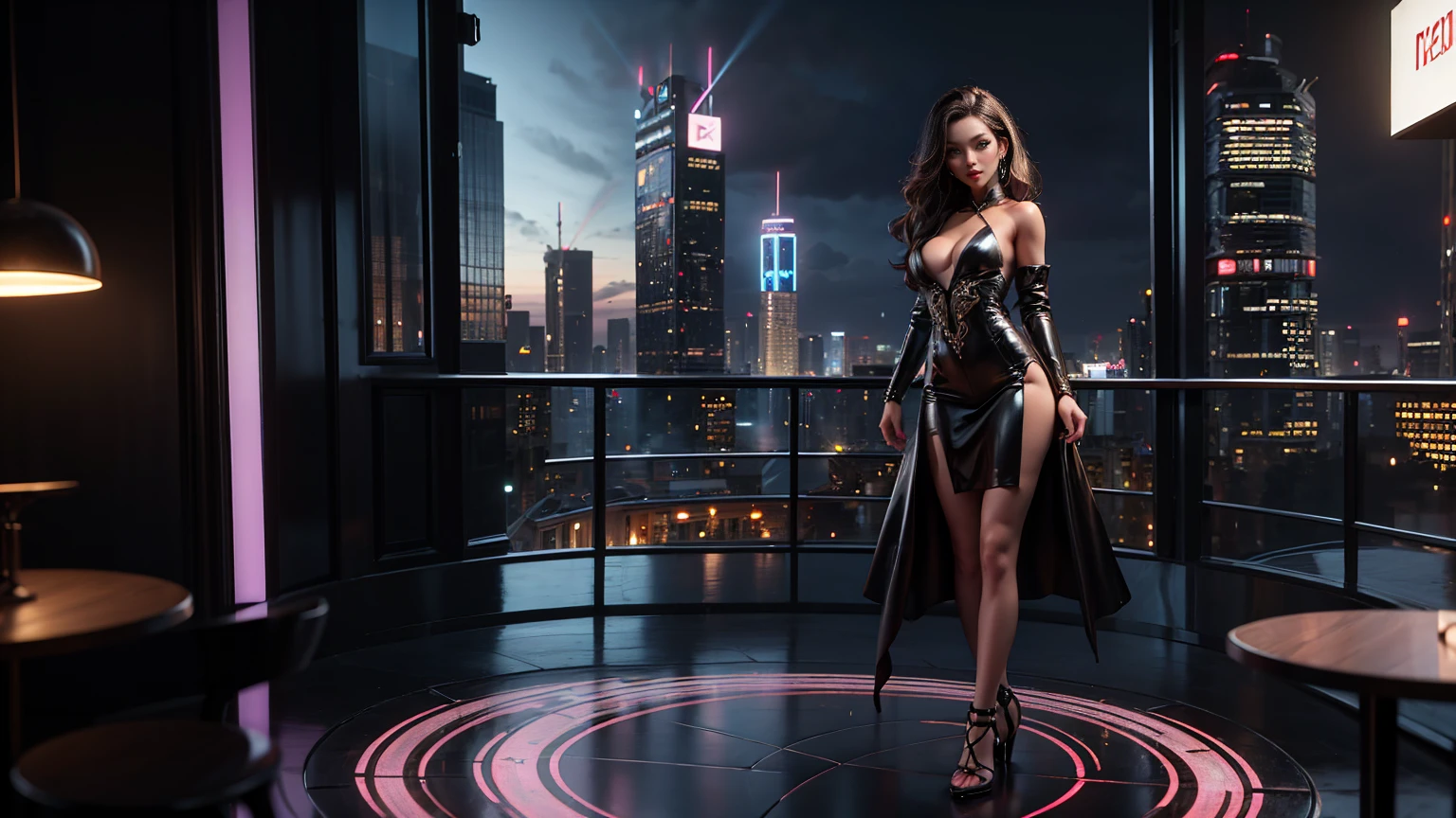 Imagen cyberpunk de Mujer latina con hermoso vestido sugestivo cantando en local nocturno 