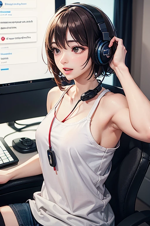 Woman, Brown Hair, messy hair, blue eyes, large breasts, dolphin shorts, tank top, (Sitting in desk chair leaning forward onto desk), Sleeping on desk, Computer on, Dark Bedroom, Night time, Lights turned off, headphones on head, (Bunny Ear Headphones), ((Looking up at viewer)), Smiling, hanging, sideboob