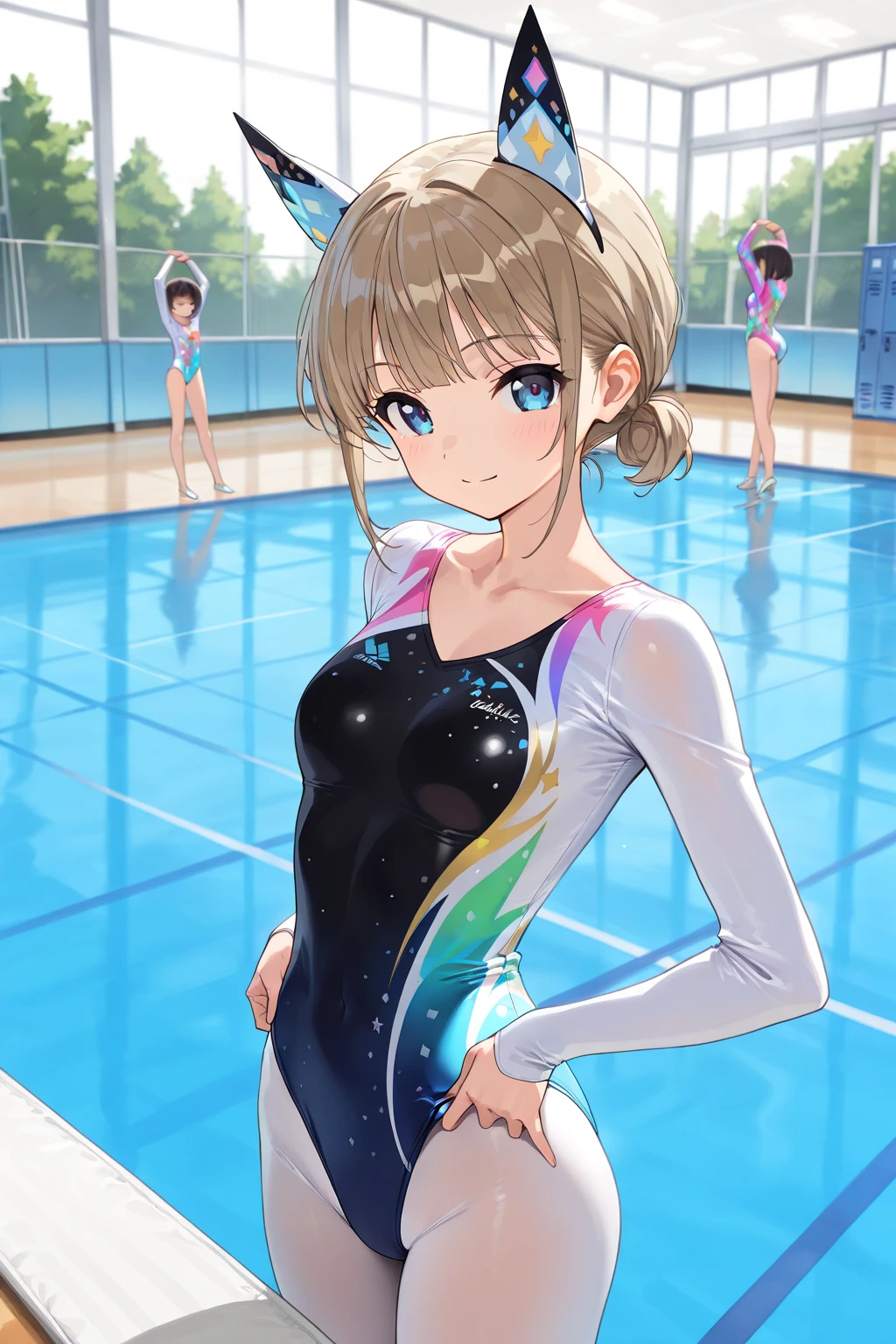 highquality illustration, masterpiece, very delicate and beautiful, attractive girl,(gymnastics leotard, Floral patterns leotard,long_sleeve leotard,high_leg leotard,athletic leotard,tight-fit leotard),thin,slender body,slim,high school,gymnasium background,gymnastics club,gymnastics athlete,princess, beautiful eyes,light smile,(masterpiece, best quality:1.2), highres, extremely detailed CG unity 8k wallpaper, perfect lighting, Colourful, ultra-high res,4K,ultra-detailed, photography, 8K, HDR, ages,