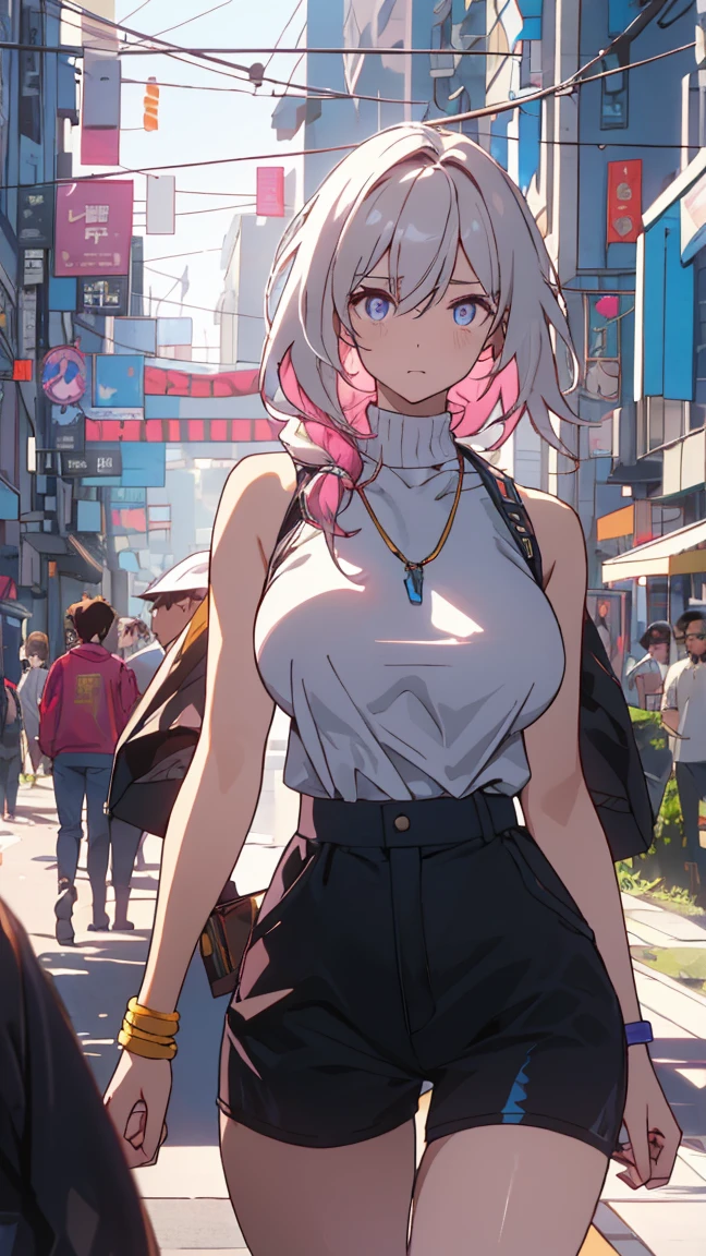 (masterpiece), (extremely intricate:1.3),, (realistic), Masterpiece, Best Quality, 8K, Photographic Reality, Realistic, Octane Rendering, (Shaman),(Only One Woman on the Screen: 1.3), (Green Shirt), (short light blue Hair), (Middle Aged), (Black pants),(silver teardrop pendant), rucksack, (Blue Eyes) Upper Body Display (Asian-American) (extremely Huge Breasts), extremely huge Breasts, sharp focus, dramatic, award winning, cinematic lighting, octane render, unreal engine, volumetrics dtx, (film grain, bokeh, blurry foreground, blurry background),