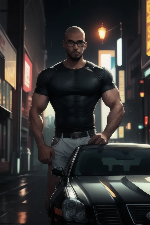 1man; Tall, somewhat rough mature man wearing black-ops military gear; blue eyes; blonde hair; fair skin; neat beard; best quality; trending on artstation; complex volumetric lighting; strong shadows; artistic lighting; dynamic; energetic vibe; realistic skin; specular highlights; micro-textures; highly detailed hair; wearing blackops gear; on top of a skyscraper at night with a glowing neon-lit city skyline