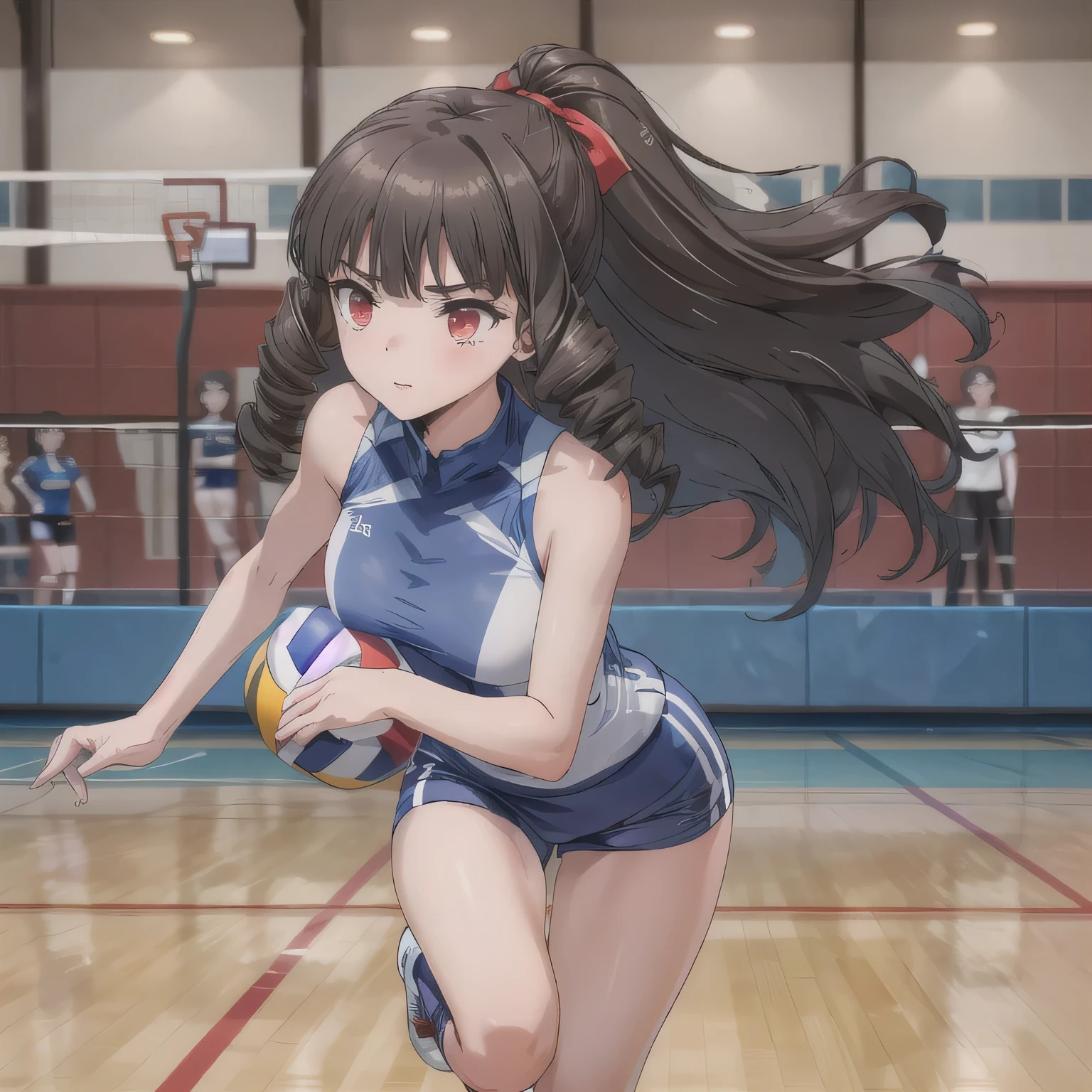 During a beach volleyball match、Draw a woman in a swimsuit about to jump and hit a spike.。Her concentrated expression and dynamic movements、Feel the tension and excitement of the match。