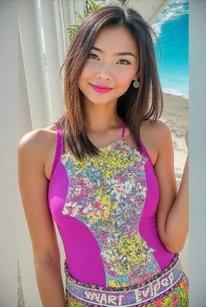 Half-length glamour portrait, nikon D850, f1.6 lens, 200mm, DSLR, 22 Megapixels, (((White sandy beach lined with palm trees scene))), shot of a stunning 19 years old korean girl, (smile:1.4), (wearing Mauve silk wrap dress with plunging neckline:1.6), ((seductive pose)), hot girl, (((big natural breasts))), (((black fringe hair))), (small girl), symmetrical face, photorealistic, photography, (bright natural lighting), gorgeous, deep cleavage, (masterpiece), best quality, high resolution, extremely detailed, cinematic lighting, (((very narrow waist))), rich colors, hyper realistic, lifelike texture, ((jewelry)), (((She has beautiful hands and wears rings))), (bracelet), (necklace), (ankle chain), (nail polish) (earrings), Fuji Superia 200, 8k