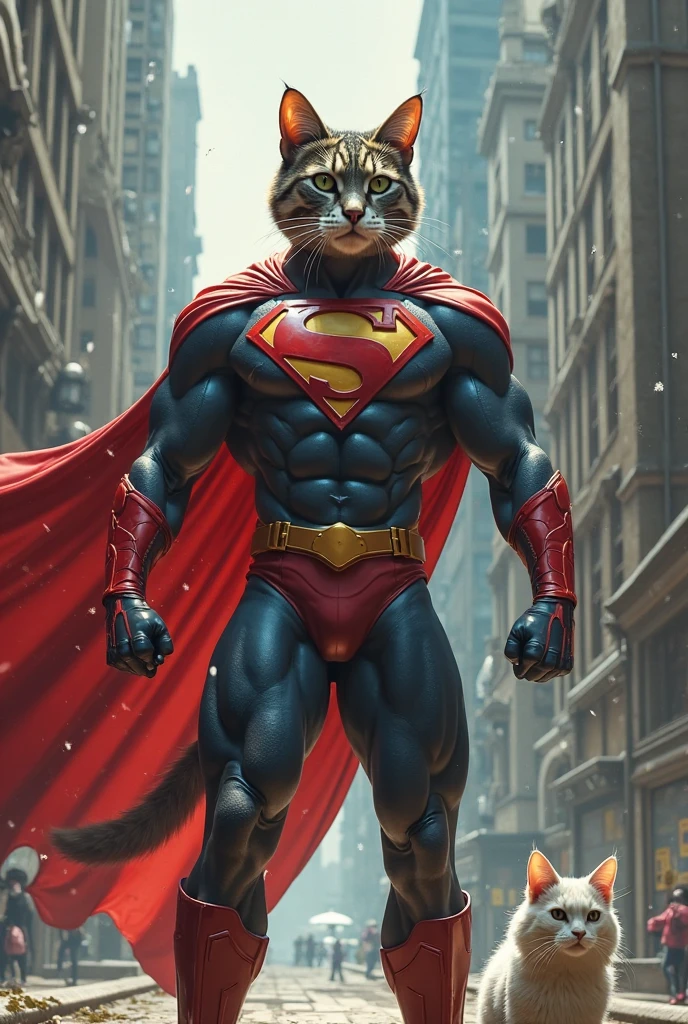 Superman, feline_hybrid, furry, cinematic shot, <lora:Realistic_Feline_Hybrids:0.8>