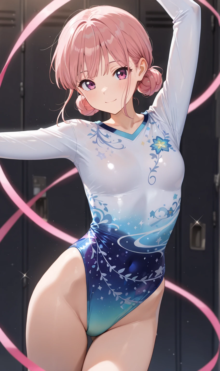 highquality illustration, masterpiece, very delicate and beautiful, attractive girl,(gymnastics leotard, Floral patterns leotard,long sleeve leotard with glittery decoration,high_leg leotard,athletic leotard,tight-fit leotard,iridescent gradient leotard),thin,slender body,slim,high school,gymnasium background,gymnastics club,gymnastics athlete,princess, beautiful eyes,light smile,(masterpiece, best quality:1.2), highres, extremely detailed CG unity 8k wallpaper, perfect lighting, Colourful, ultra-high res,4K,ultra-detailed, photography, 8K, HDR, 17 ages,