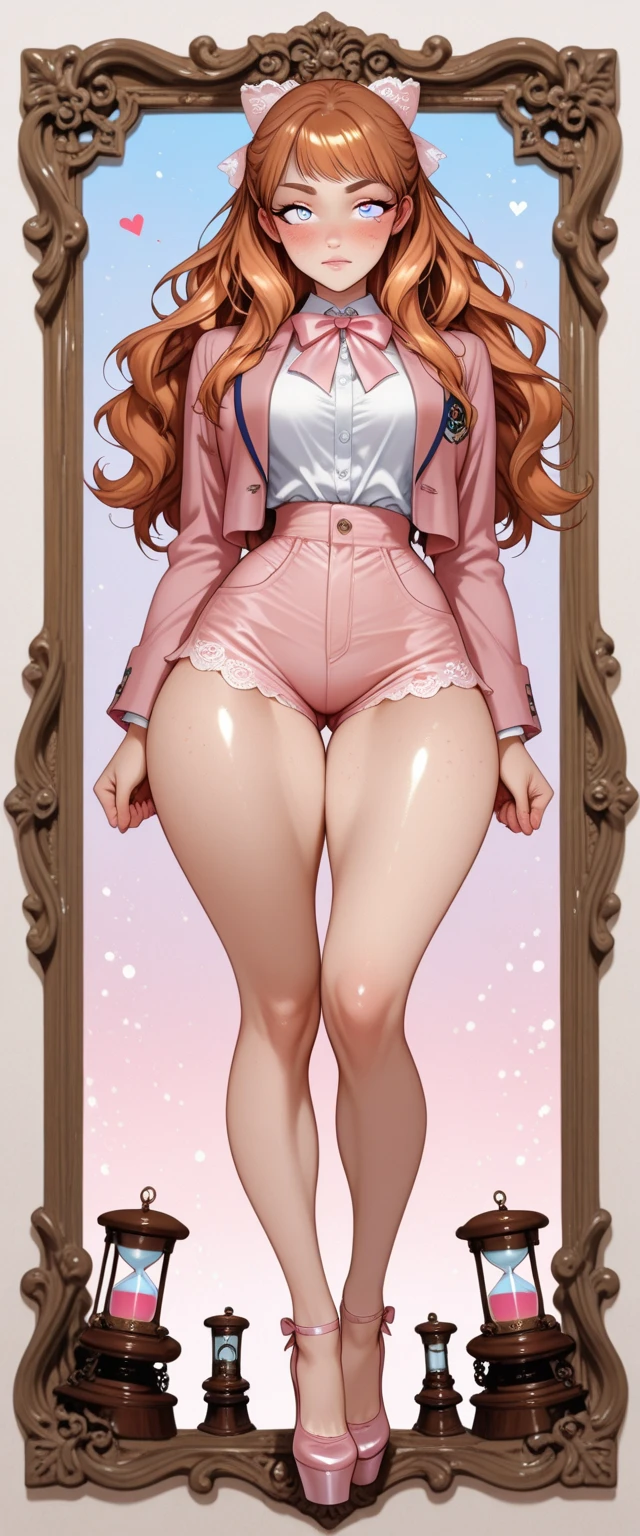 "ultra-realistic, perfect round shaped ass, large clitoris, large dangling labia, long legs, curly red hair, detailed facial features, vibrant colors, high-resolution masterpiece, professional lighting, bokeh, realistic texture, polished skin, sensual pose, captivating expression, neutral background, holds-up thigh high stockings"