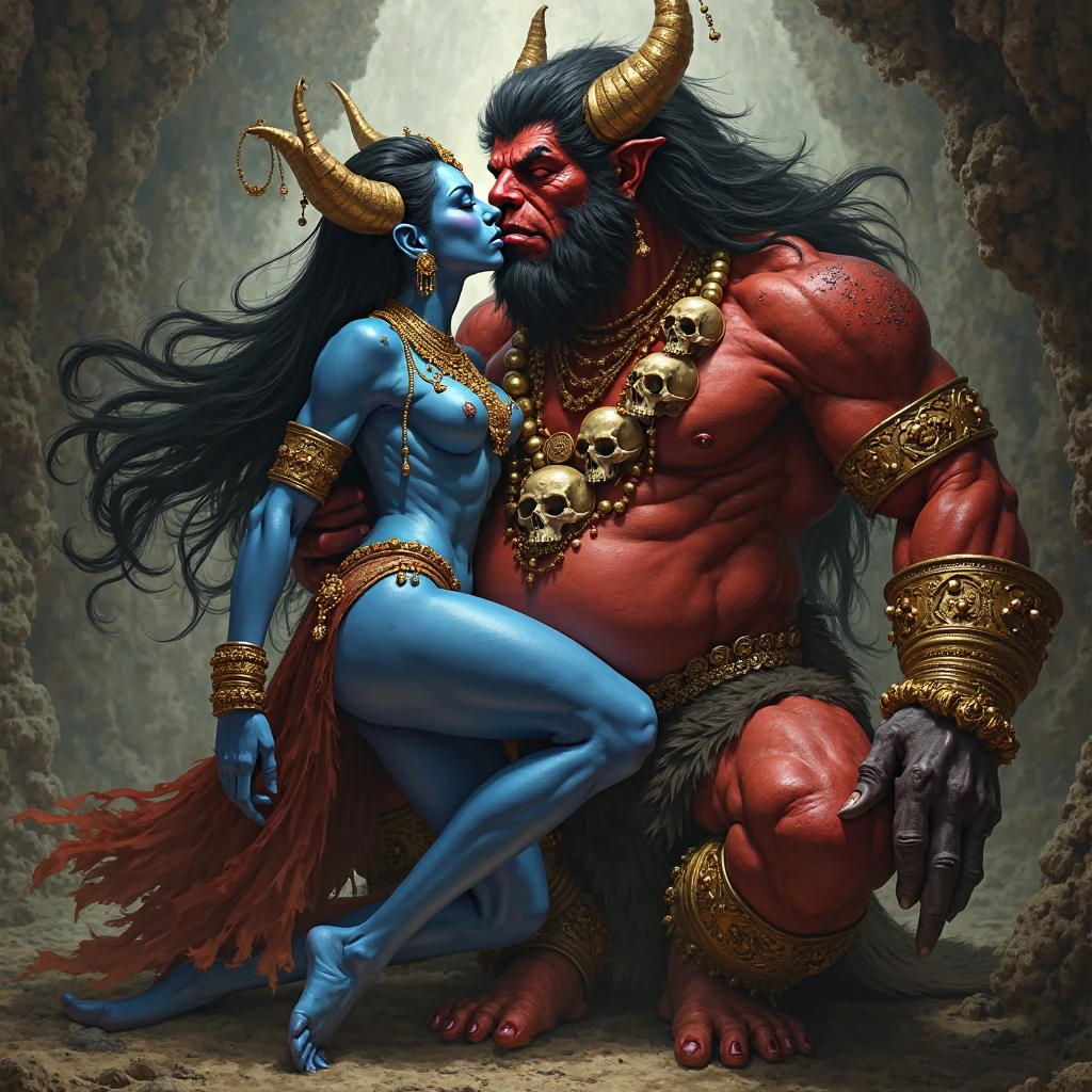 score_9, score_8_up, score_7_up, score_6_up, score_5_up, score_4_up, (duo), angry muscular male demonic anthro bird monster hugging female succubus in a suggestive manner, skimpy clothing, looking at viewer, detailed hell background, anthro male/human, loincloth