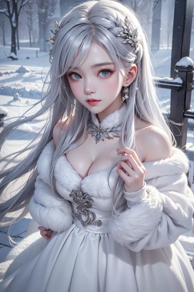((masterpiece:1.5、8k、Portrait、Photorealistic and very detailed CG、Very detailed、Particle Effects、Dynamic Effects、Written boundary depth、Cinematic Light、Lens flare、Ray Tracing、Tabletop、Realistic:1.4、超A high resolution:1.2、Realistic、Realistic))((alone、A woman wearing a white fur long coat over an off-the-shoulder knit:1.4、Elegant woman posing:、Detailed face、Bright expression、Younger, brighter, whiter skin、Ample breasts、Best Looks、The ultimate beauty、Silver hair with dazzling highlights、Shiny bright hair,、Super long, silky curly hair、hair dancing in the wind))(morning、The setting is outdoors in the snow, near a Christmas tree.)