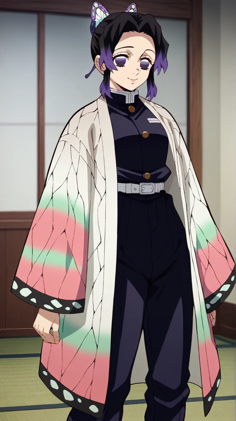 (masterpiece, best quality:1.2), 1girl, solo,standing_split,
KShinobuXLV4, Shinobu kochou, No bangs,hair intakes,Purple eye,Forehead,Black shirt,Black pantsuit,haori,butterflys,obi strip,(trpical garden:1.2),purple flower,mostly cloudy sky,rays of sunshine,Tyndall effect,Gradient_sky,the face,beautiful sky,Saber on the waist, detail_face, eyeslashes,shinny black hair with purple tips