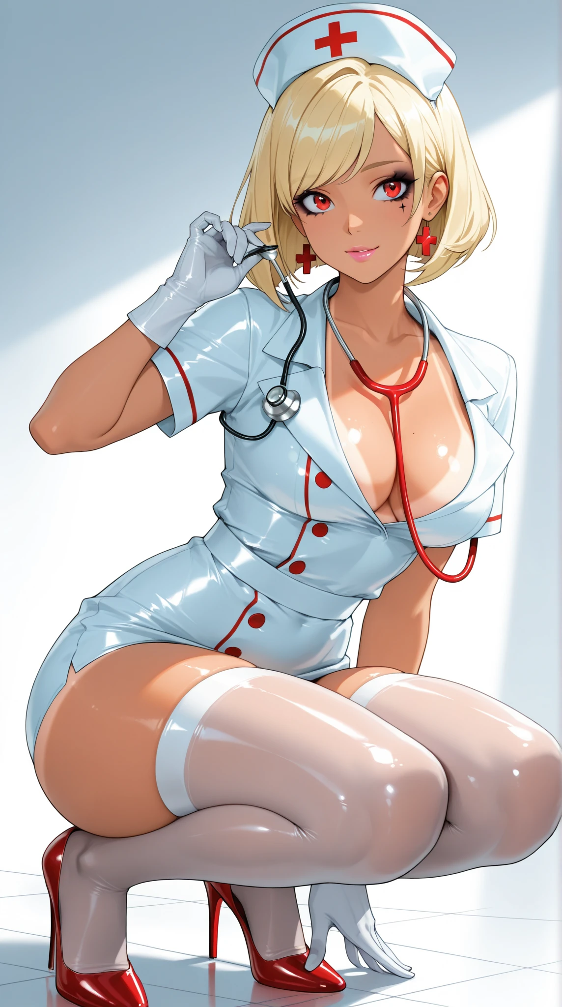 1womanl, Nurse, Nurse Cap, Whiteware, ((White legwear, zettai ryouiki)), White Gloves, Blonde hair, Blue eyes, pink lipsticks, Smile, Standing, sharp outline, Short sleeves, a matural female, 35 year old, Best Quality, masutepiece, infirmary
