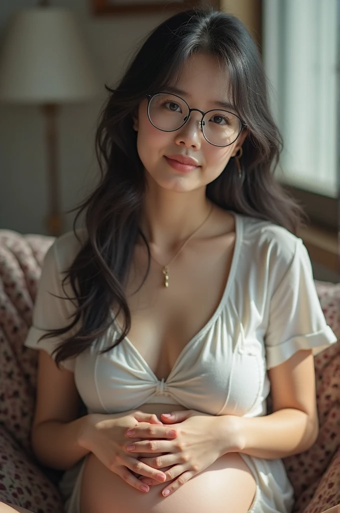 A woman in a Thai dress with shoulder length wavy hair, her bare shoulders, realistic and detailed eyes, natural skin texture, realistic facial details, in a surreal, foggy film portrait with stunning soft lighting, depth of field, bokeh, and lively details, thoroughly and thoroughly photorealistic, 35mm film aesthetic, a beautiful Thai girl with black hair and black eyes, wearing glasses, with a smile