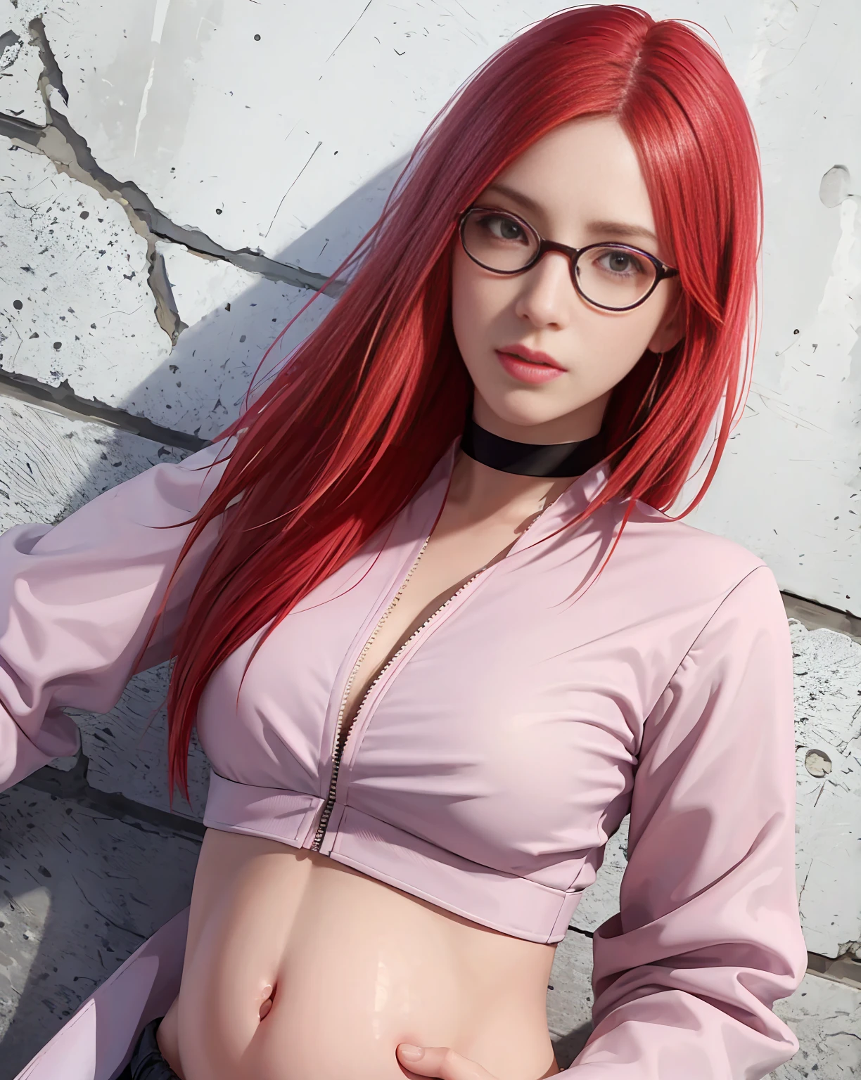 (masterpiece, best quality, 1girl, solo, intricate details, chromatic aberration), realistic, ((medium breath)), single braid red hair, red eyes, glasses, earrings, sharp eyes, pink lips, choker, neon shirt, open jacket, crop top, (symmetry eyes),(perfect symmetrical body), against wall, brick wall, graffiti, dim lighting, alley ,look at viewer, karin uzumaki, uzumaki karin