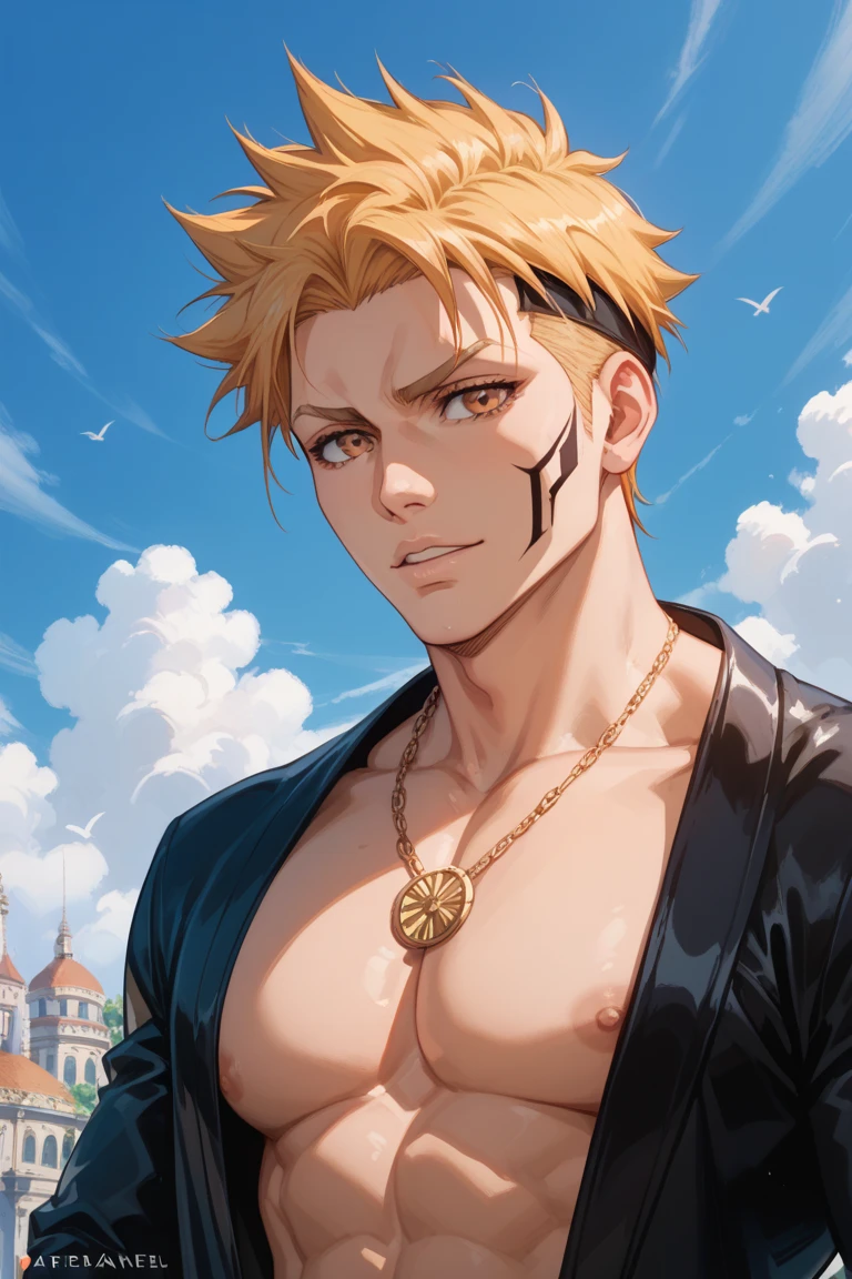 absurdities, High resolution, ultra detailed, HdR, masterpiece, realism, realist, 30 year old adult man, rasgos muy masculines, serious, Extremely detailed face and eyes, semi long straight hair, blond hair, bushy eyebrows, fringe, angry eyebrows, expressive blue eyes, rasgos masculines, detailed eyes, LOOKING AT THE SPECTATOR, 1 man, viking style clothing, masculine, blue clothes con abrigo de piel blanco, snowy background, White skin, viking necklace, blue clothes, white earrings, Wizard&#39;s Medallion, tidy hair, Complete plan, beefy chest, realism magico, masculine, men&#39;s clothing, vibrant colors, Fotorrealist, 8k, Best Quality, High resolution, cinematic lighting, intricate details, snow background.
