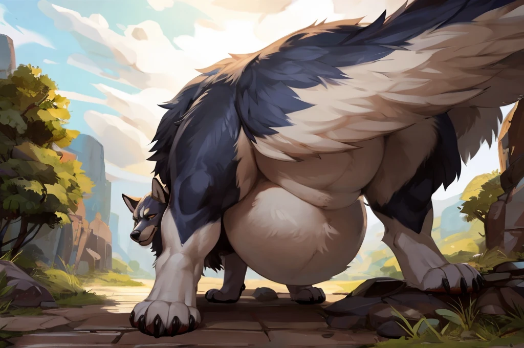 (Duo), (2 characters), (two characters), 4k ultra quality, 4k full body view,(ultra high detailed body), ((an anthropomorphic wolf riding a strong feral wolf mount)), detailed body,by mystikfox61, by glitter trap boy,feral paws, by bebebebebe,by morethreedee, by seibear,(thick thigh),(chubby thigh),(thicc thigh),(thick legs),(chubby legs),(thicc legs),(massive feral butt),(enormous thigh),(massive thigh),(massive legs),(strong legs),thick lower legs,wide legs,(detailed thigh),(wide thigh),fluffy belly,furry belly,sharp nails,(ultra detailed face),detailed eyes,big tail,fluffy tail,(detailed tail),enormous tail,bigger tail,huge tail,volumetric light,big lower belly,big paws,(thick paws),fluffy paws,furry paws,enormous paws,animal focus, beast,standing,(bigger lower body),strong lower body,macro,giga,master works, super fine, 4k resolution, high quality, movie lighting, high picture detail,dark fantasy,open field,beast creature,illusory engine, Masterpiece,(shiny fur),ultra big belly,enormous belly,muscle legs,long legs,wide awaits,round belly,(back view), (size difference), (riding), (back riding), (riding mount), (mount riding:1.1), mount inflation, inflated mount, (rider),(riding:1.2), anthro:0.1