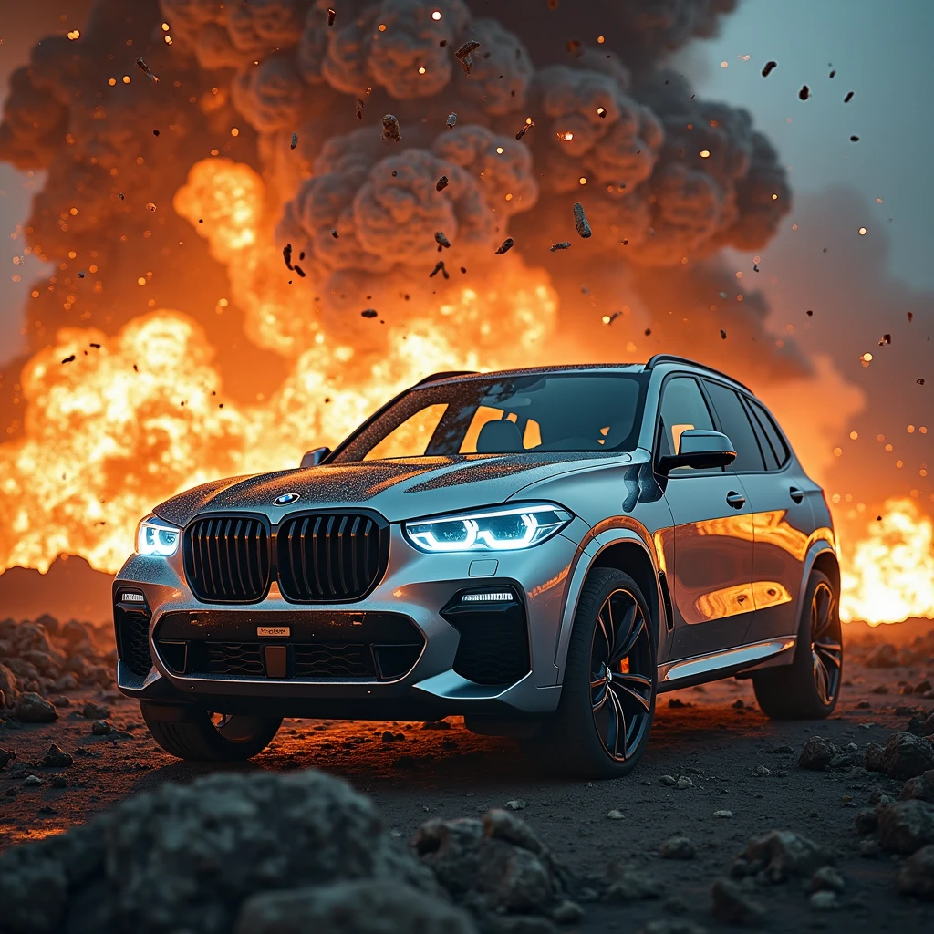com cabelos vermelhos, a handsome man uses a BMW to escape an explosion, is facing a desolate and post-apocalyptic place, cruelty scenario, rico em detalhes, 8k, volumetric lights, particles in the air, dramatic colors, cinemactic, HDR,