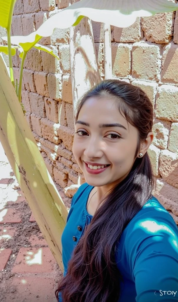 selfie tomada desde arriba de una mujer latina, modelo latina de instagram, between 25 to 30 years, con minifalda blanca, blusa rosada, fitness, tacones altos, sonriendo con dientes perfectos blancos, en un pueblo antiguo, foto tomada con celular