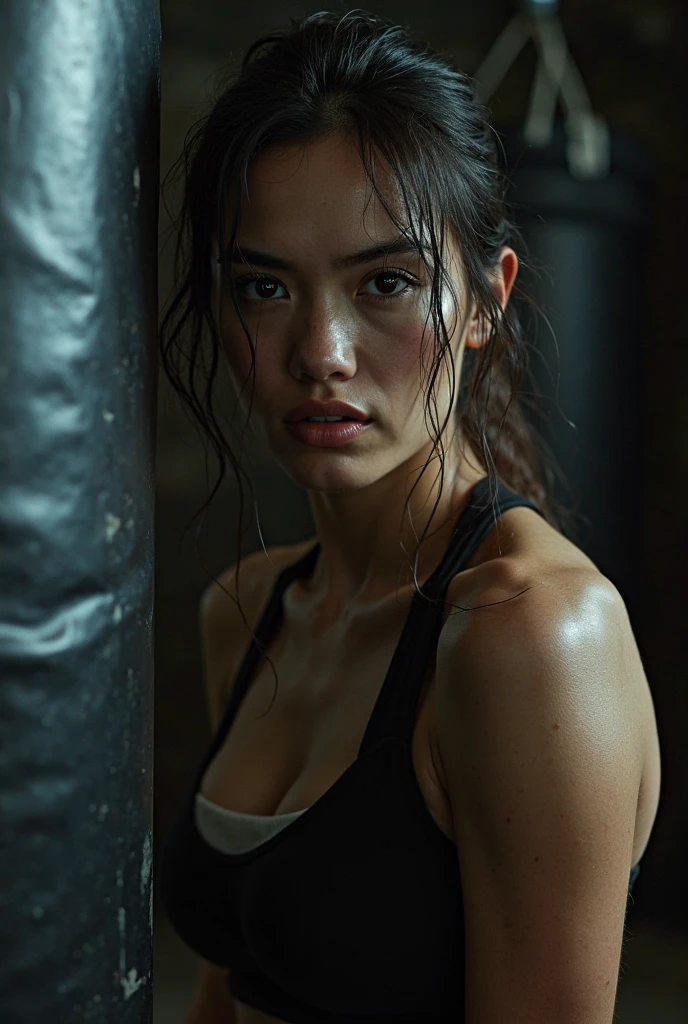 muscular sweaty woman, athletic female bodybuilder, muscular female anatomy, sweat dripping, shiny oily skin, veiny muscular physique, strong powerful female figure, ultra-detailed, (best quality,4k,8k,highres,masterpiece:1.2),ultra-detailed,(realistic,photorealistic,photo-realistic:1.37),HDR,UHD,studio lighting,ultra-fine painting,sharp focus,physically-based rendering,extreme detail description,professional,vivid colors,bokeh,portraits,body horror,hyper-realistic,dramatic lighting,cinematic,chiaroscuro