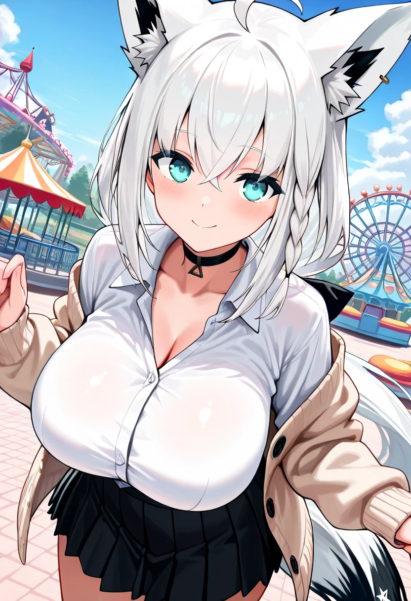 masterpiece,best quality,1girl, paizuri_under_clothes, PUC, 1boy, paizuri, blush, large_breasts,white vest, black leather pants,black leather jacket,in an amusement_park,floating_clothes