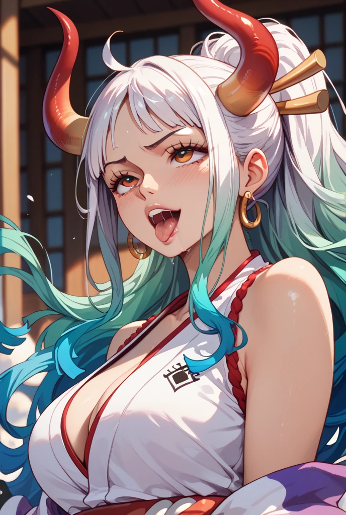 white hair, red eyes, ((demon horns)), ((demon wings)), ((rainbow strands in hair)), big boobs, woman