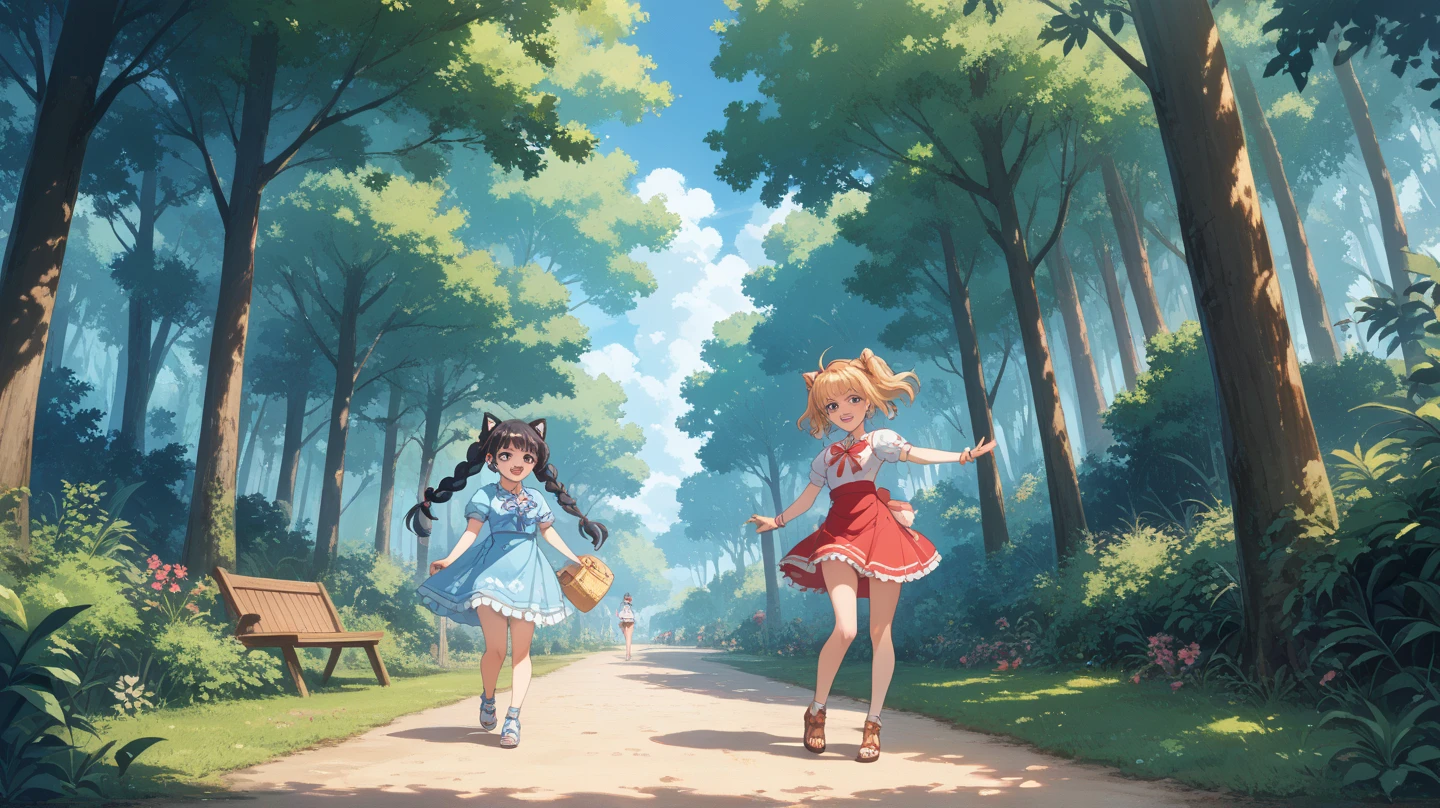 highest quality,Very detailed,Realistic,Portraiture,Stylized,pastel colour,sunlight,Green Garden,Cute expression,Shining Eyes,Fluffy fur,Girls running through the fields,A playful atmosphere,Cherry tree,Fluttering petals,Hair loss,smile,Small ears and tail,Short skirt and long socks,Twin tails,Basketball court on background,freckles,Hand in hand,Excitement and joy,Watercolor style,Chubby Cheeks,rays of warm sunlight,Breeze,Innocence,Laughter,Vibrant Energy,Harmony and friendship