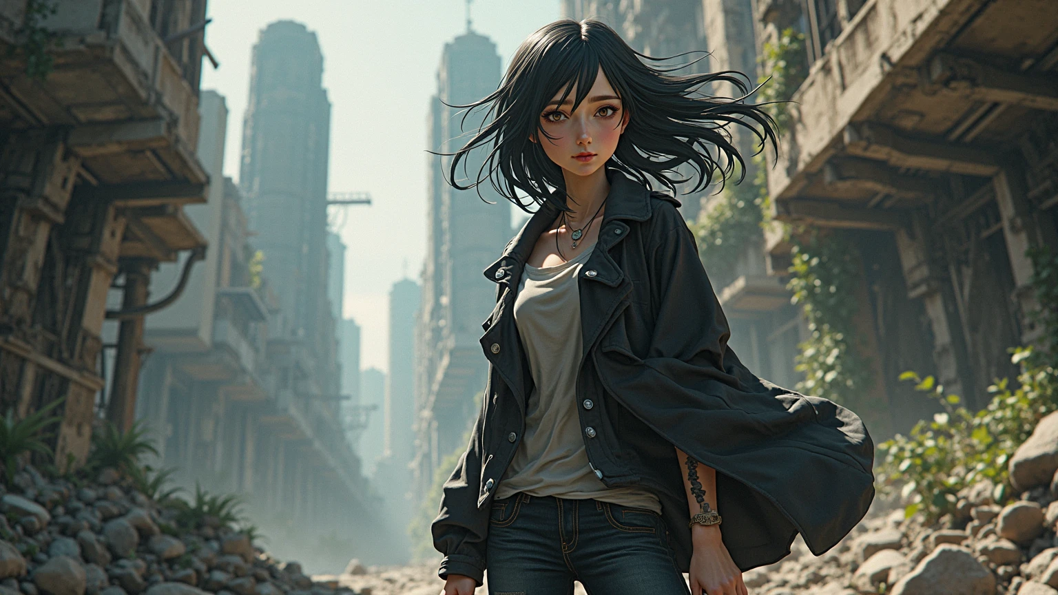 A woman with a slender figure standing in the midst of ruins, wearing tattered clothes but appearing calm and composed, surrounded by rubble and broken buildings, exuding a sense of desolation
,32k, best quality, masterpiece, super detail, high details, by Makoto Shinkai ,in the style of the stars art group xing xing, --niji 5"
Mirrors. A digital art inspired by Ryoji Ikeda. symmetrical portrait with analog glitch effect
extreme details