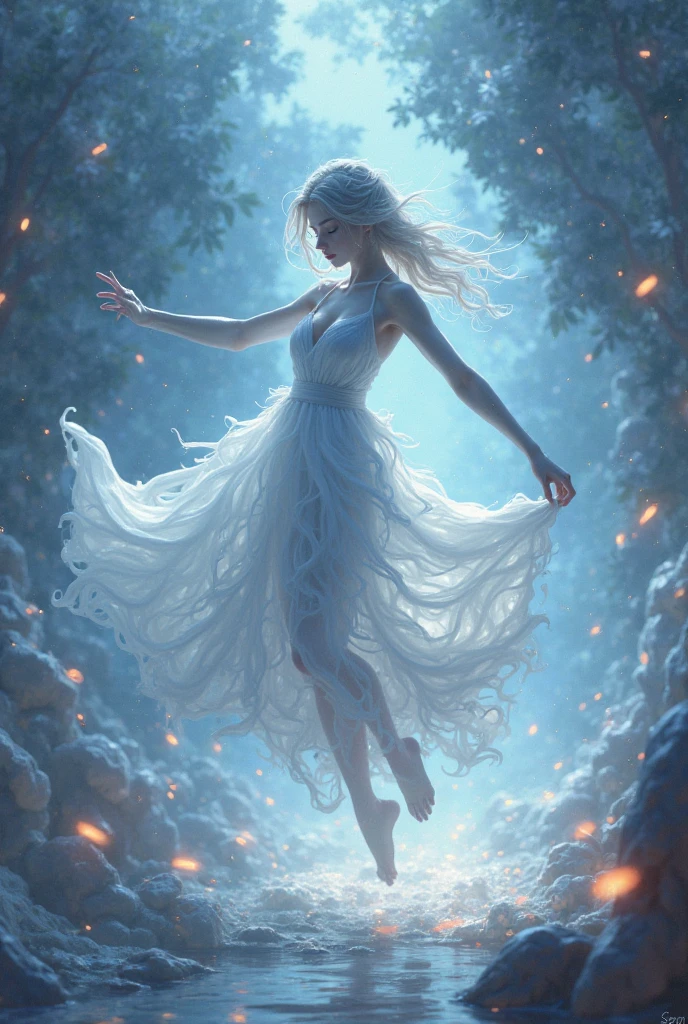 (best quality,4k,8k,highres,masterpiece:1.2), ultra-detailed, (realistic,photorealistic,photo-realistic:1.37), In the heart of an enchanted forest, bathed in the soft glow of moonlight filtering through the canopy above, stands a figure of ethereal beauty. She is an elven enchantress, her long silver hair cascading in shimmering waves around her slender form like strands of moonlight woven into silk. (Her eyes, a mesmerizing blend of iridescent hues, shimmer with an otherworldly light, reflecting the myriad colors of the forest around her:1.5). They are windows to a soul as ancient as the trees themselves, filled with wisdom and mystery far beyond her tender years. Clad in robes of flowing white adorned with intricate patterns of silver thread, she moves with a grace that is both elegant and effortless. Each movement is a dance, a fluid motion that seems to ripple through the air like water flowing over smooth stones. As she raises her delicate hands to the sky, the air around her crackles with magical energy, the very essence of the forest responding to her call. Words of power spill from her lips like liquid silver, ancient incantations that echo through the stillness of the night with a haunting melody. With each word, tendrils of magical energy begin to swirl around her, weaving together in a shimmering vortex of light and shadow. Shapes begin to form within the swirling maelstrom, phantom creatures born of pure magic dancing to the rhythm of her voice. And as she reaches the climax of her incantation, her voice rises to a crescendo, filling the forest with a symphony of power and wonder. With a final flourish of her hands, she releases the spell, the magical energies coalescing into a radiant burst of light that illuminates the darkness like a thousand stars.(art by Amano Yoshitaka:1.3)