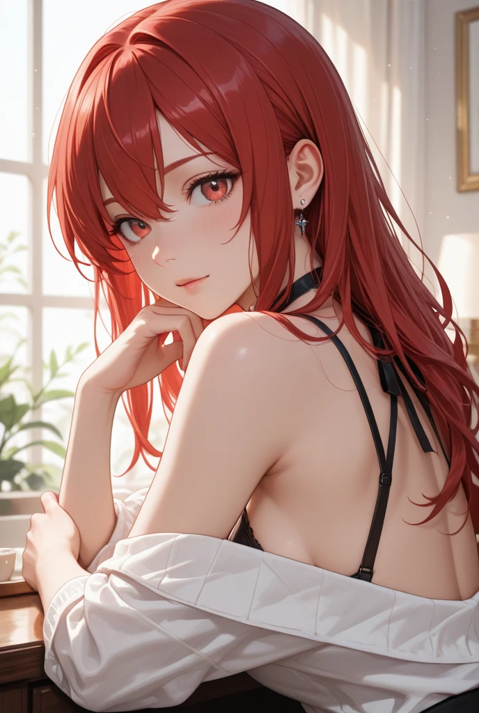 red long hair, masterpiece work, best quality, high resolution;,Improved detail,best quality,Perfect image quality,beautiful and sexy, first person view, small spots under the eyes , pretty, 큰 chest, 8K, ,chest 크게, pure white skin, chest, Beloved, excitement, beautiful, My heart is pounding, red hair, glamour, tempting, , girl friend, Gray-eyed pupils, indoor room, naked, porch, sitting on the floor, prone, hip, back,