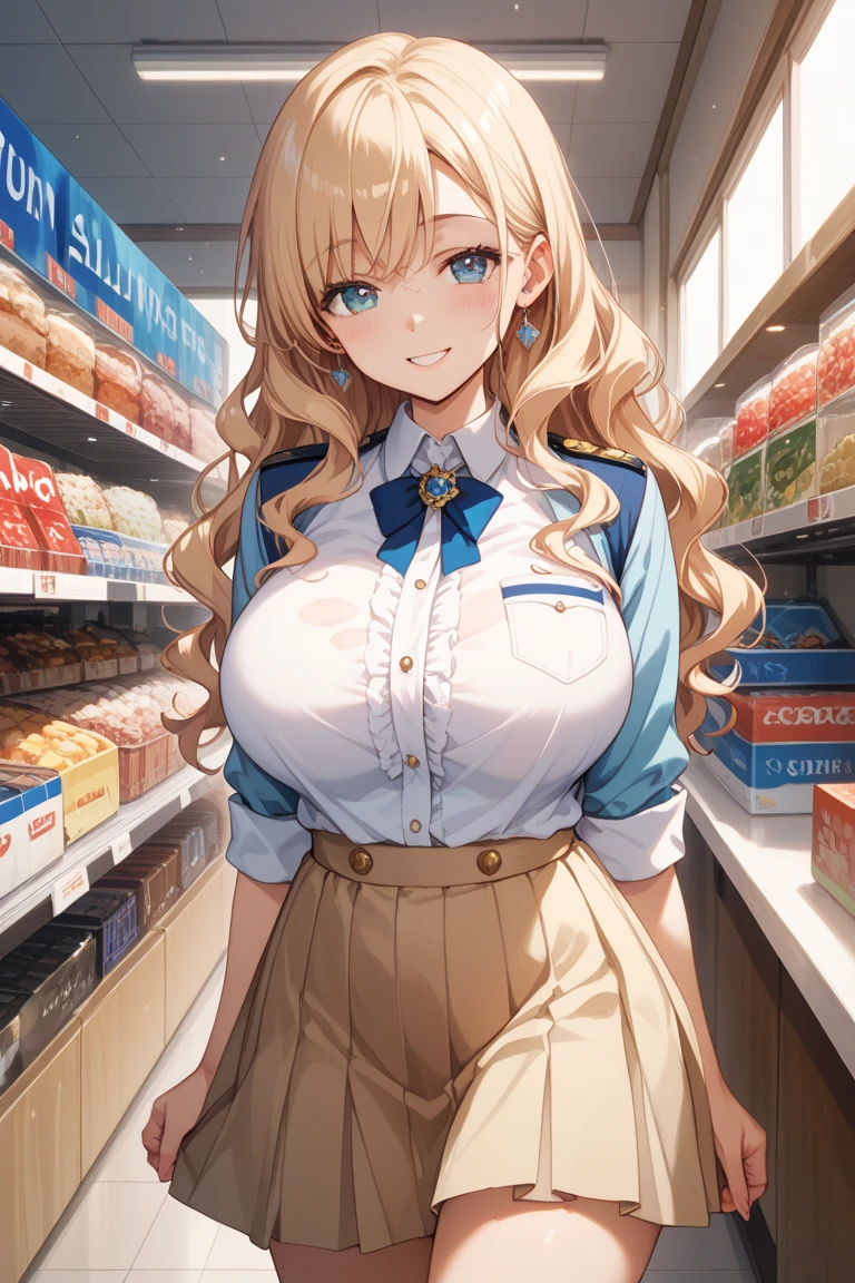 1 girl, Whole body image、 Gal、Brown eyes, Glowing Skin、Long blonde hair,, ((convenience storeの制服を着用:1.4))、Large Breasts, , High resolution, Ultra Sharp, 8k, masterpiece、convenience store、sweating、Embarrassed expression、Navy blue pleated skirt、Pink panties、Vibrator in panties、Panty shot、Angle from behind