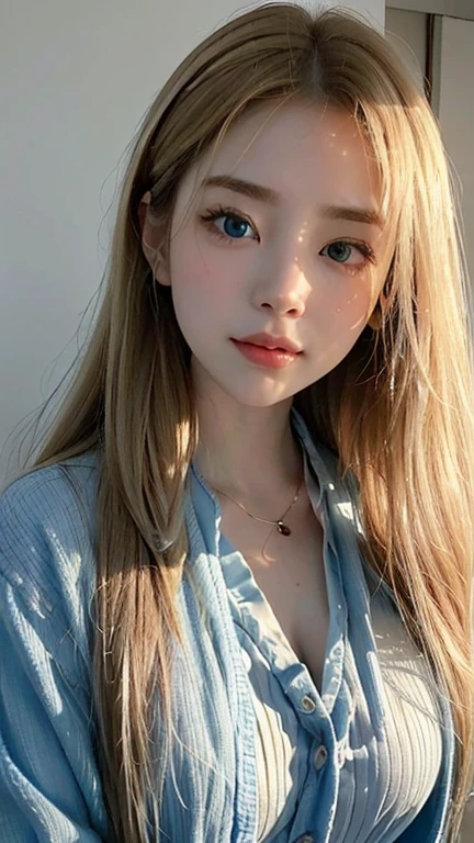(Best quality, masterpiece, detailed), (RAW, 4k, hd images), 1 girl, 17 years old, white skin, bright and dazzling blondie hair, long bangs between the eyes, colored inner hair, hair buns, beatutiful european-japan face, perfect face, cute face, glowing pale blue eyes, thin pink lips, lipsticks, bright make up, detailed features of face design, smile, tshirt