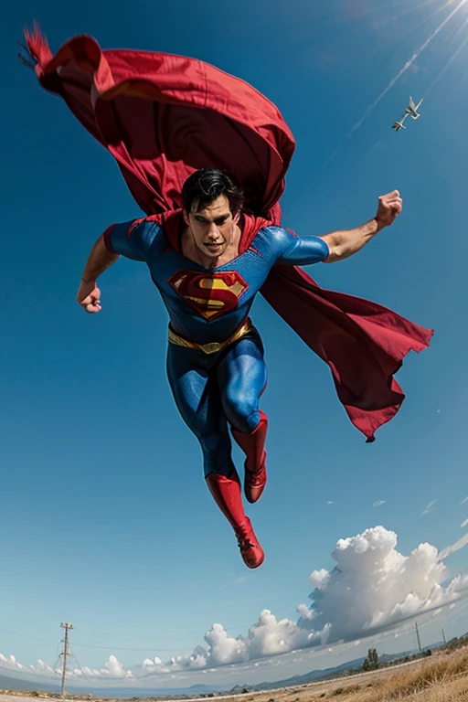 superman flying on the blue sky over the green field, his face looks clearly