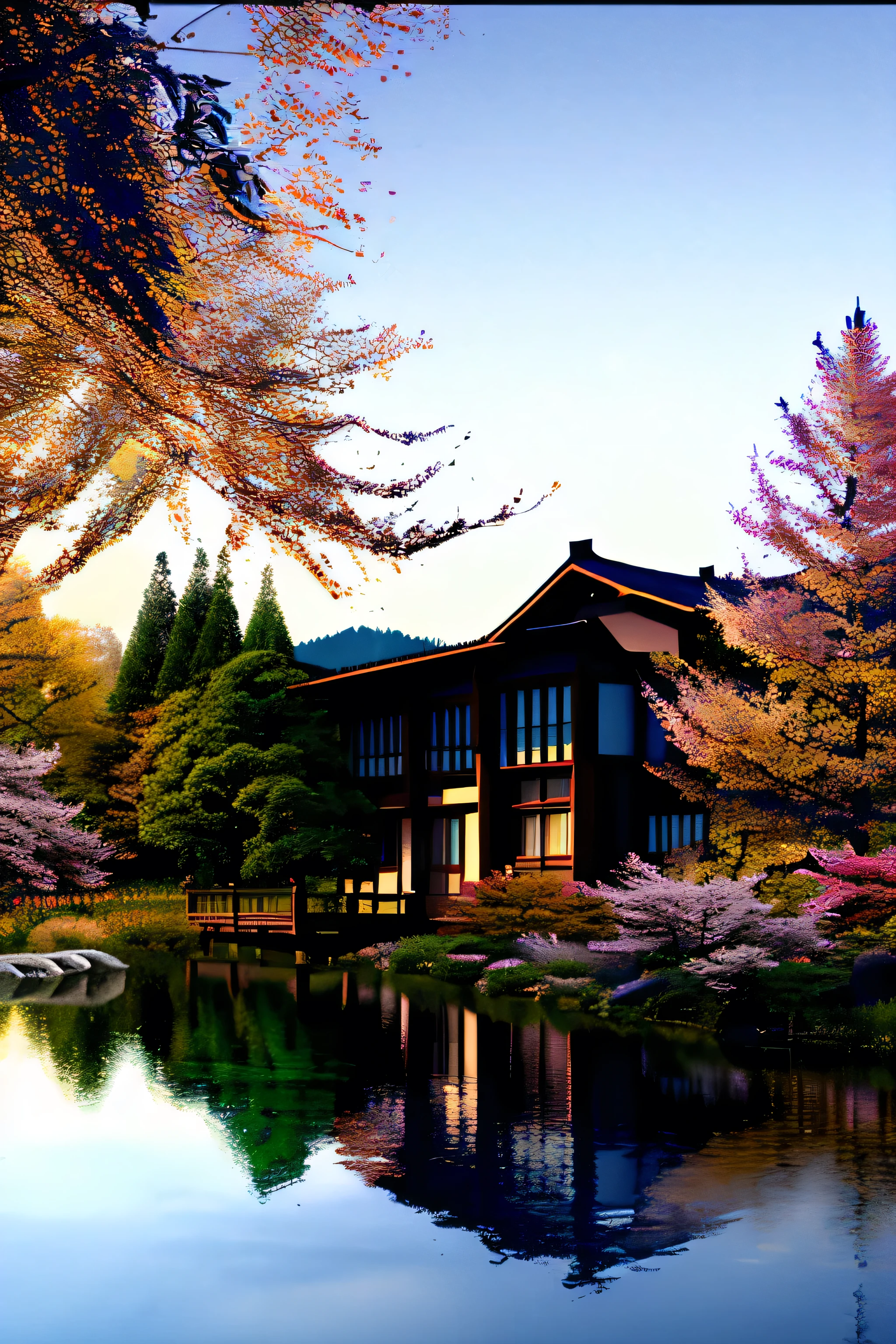 Traditional Japanese house by a quiet lake under full moonlight, warm light glowing from within, surrounded by red maple trees and white-barked branches, vivid autumn colors, reflection perfectly mirrored on calm water, misty air and starry sky, small wooden dock on the left, serene and mystical atmosphere, shot on 50 mm f/1.8, cinematic composition, hyper-realistic