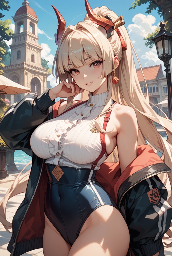 Outdoor、Red sleeveless、Cleavage、Areola、Underarm、Sweaty、blush、smile、Big Breasts、Spread your legs、Are standing、Obscene pubic hair、Show off your pussy
