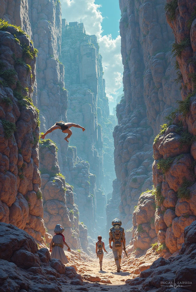 A girl walking along a rope stretched between cliffs,Completely naked