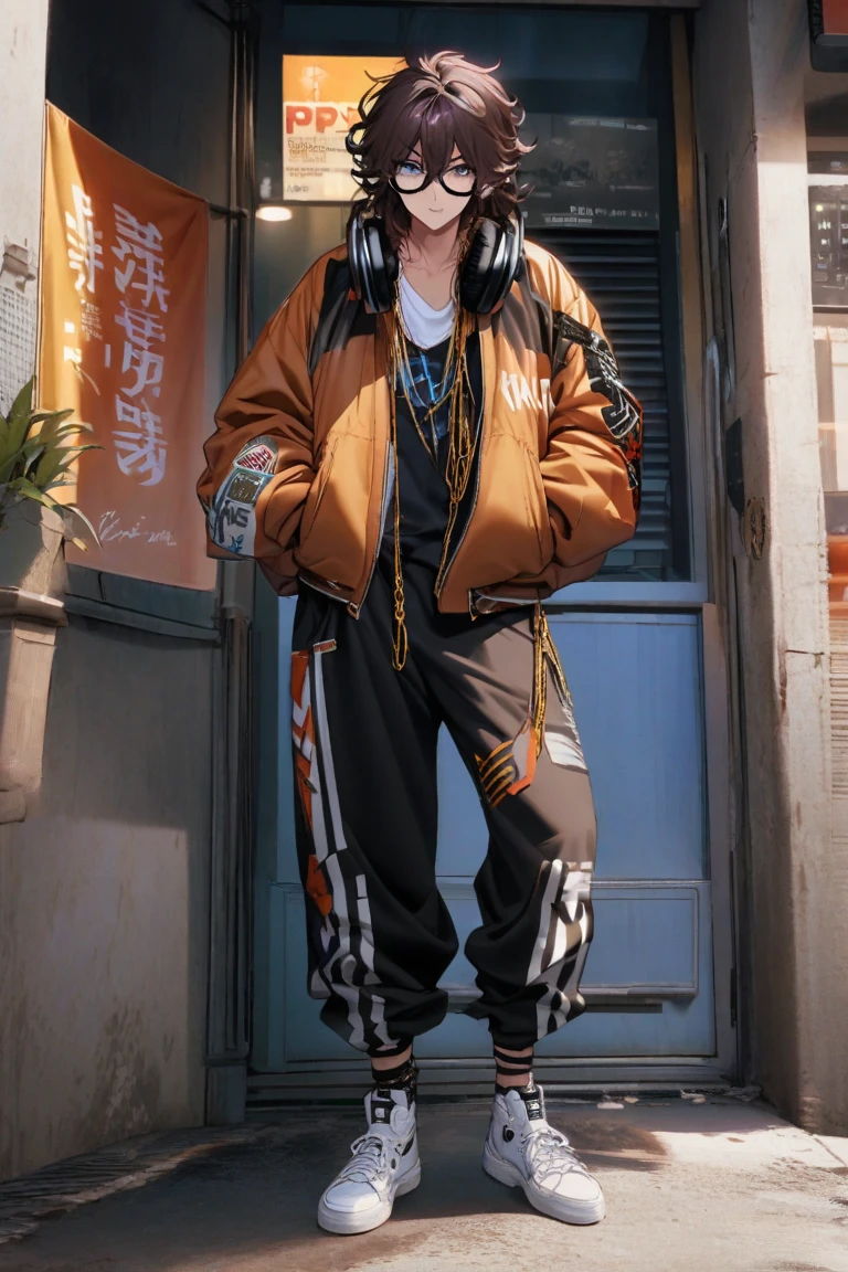 ((1 boy)), (long black hair), amber eyes, hair over eye, hoodie, midriff, cargo pants