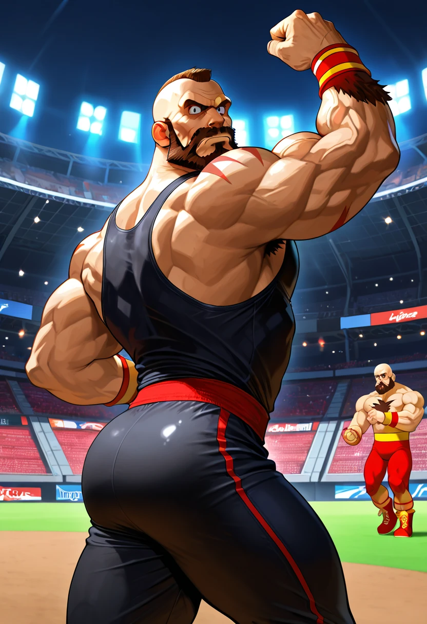 a very muscular bald and bearded wrestler, looks like Zangief, thick arm, huge arm, bald and beard, bearded, muscular, pectoral, wide pectoral, realistic, 8k, masterpiece, (wearing shorts and tank top, trainers)