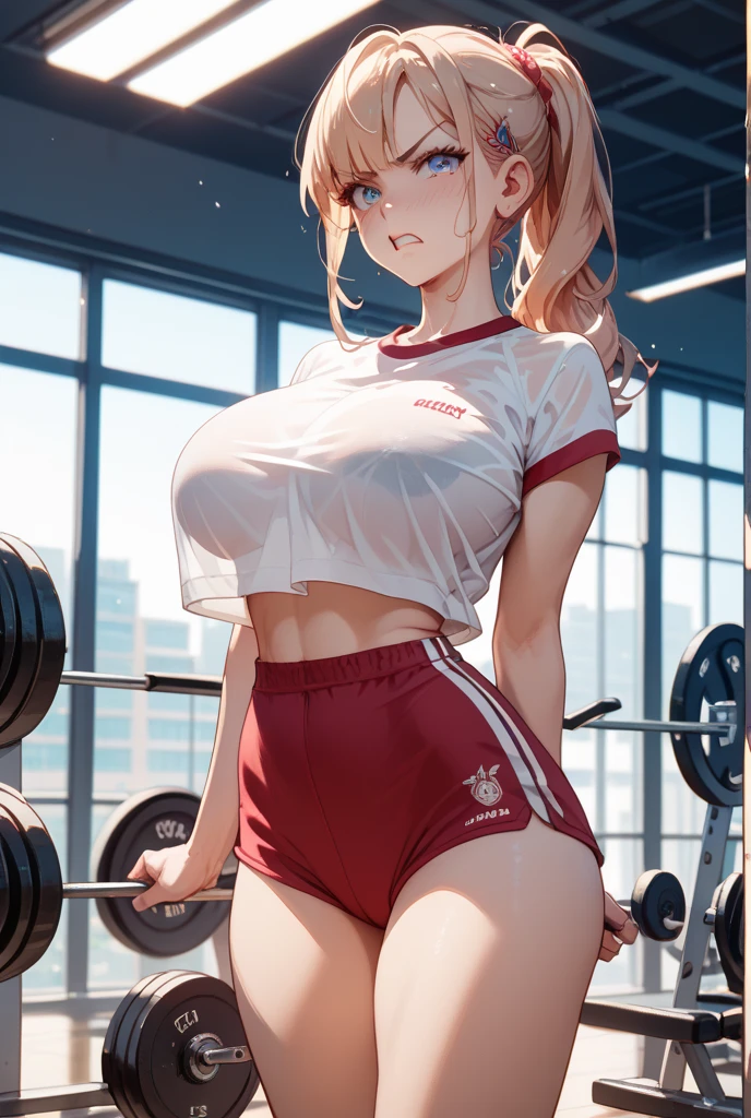((a 25yo girl), Sayla Mass, elegant), bending waist,whole body、see the beholder, young woman,(with sparkling eyes and a contagious smile),(her thin pubic hair:1.3),shy、blush、expression of ecstasy、erotic、charming、Charm、bob short、bangs、shiny blonde hair、blue eyes、long, well-shaped eyelashes、perfect eyes、Slender eyes、glossy pale pink lips、(Plump slender body of a young woman、plump body:1.3、shiny skin、Beautiful big breasts:1.1、thin waist、Beautiful butt、Thick thighs、beautiful long legs)、perfect arms、perfect hands、perfect fingers、perfect body shape、perfect anatomy、(Army pink uniform dress with short super uper miniskirt You can see the pants in the miniskirt), cameltoe, lilac lace shorts、Bright red long boots), steam、steam、sexy genital pose gesture、cheeky pose、(putting fingertips on lips),(with sparkling eyes and a contagious smile),nsfw, From Above、cowboy shot, no gravity, figure, Bright colors, Practical Light, (background is blurred:0.8)、highest quality, disorganized, good quality、Realistic, ultra high resolution, masterpiece、HDR、UHD、8k,,(((sports gym:1.2))),cleavage , (get sweaty), looking at viewe