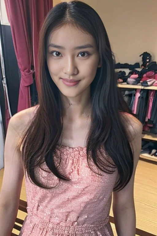 Gentle portrait of a beautiful Asian woman, flowing hair, captivating blue eyes, delicate features, radiant smile, natural makeup, elegantly dressed, ((Pink colour Boatneck Sleeveless Vintage Tea Dress)), ( hair adornment、bow ribbon、frilld、shairband、Jewelry Accessories ), gentle expression, slight blush, warm skin tones, fantastic lighting, soft shadows, high-resolution digital painting, realistic style, artistic interpretation, by a skilled portraitist.