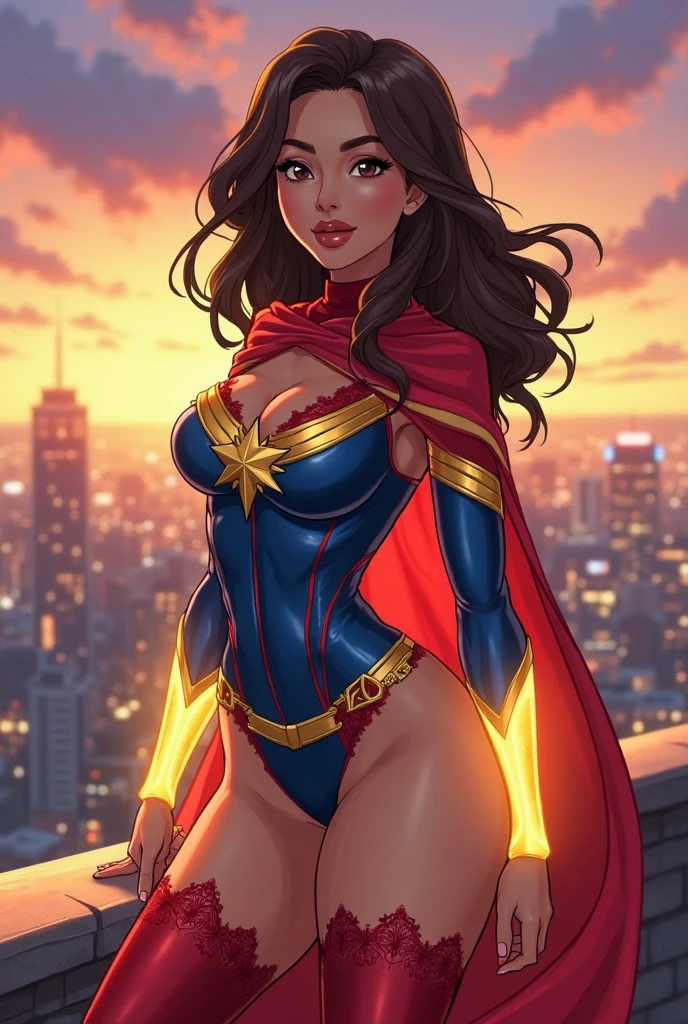 brown skin, black hair, brown eyes, skinny, kamala khan, miss marvel costume, looking at camera, from below, upskirt, cameltoe, smile, sexy face