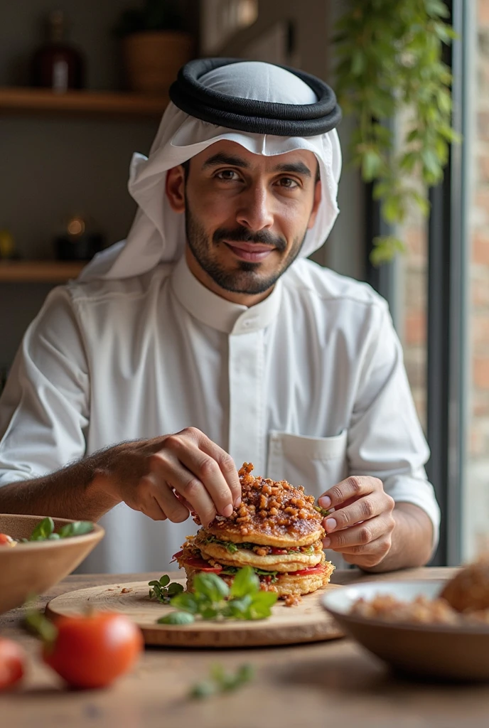Arab eating slices of ham taken out of the Ranou brand packet