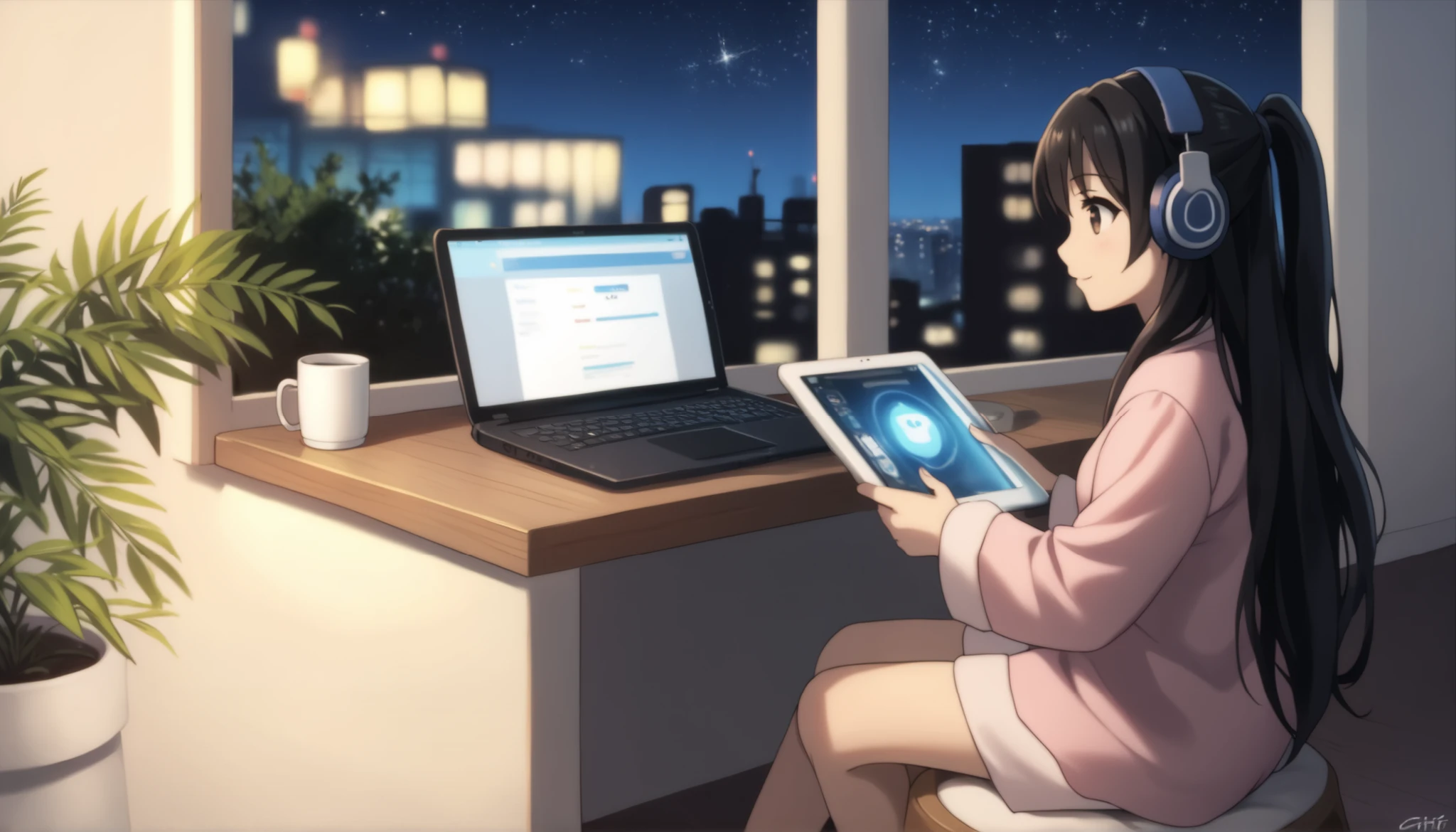 score_9, score_8_up, score_7_up, gsfghtr, white pajamas, black hair, ((straight hair)), (long hair), watching a tablet, 1 girl, solo, pink pajamas cap, cozy nighttime balcony scene, wearing blue headphones, sitting at a desk with laptop, wrapped in a blanket, soft fairy lights and plants around, starry sky, city lights in the distance, cat sitting on balcony railing, warm cozy atmosphere, cute bedroom in background, detailed anime art style, soft lighting, highly detailed, calm and peaceful vibe, a cup of coffee on the table